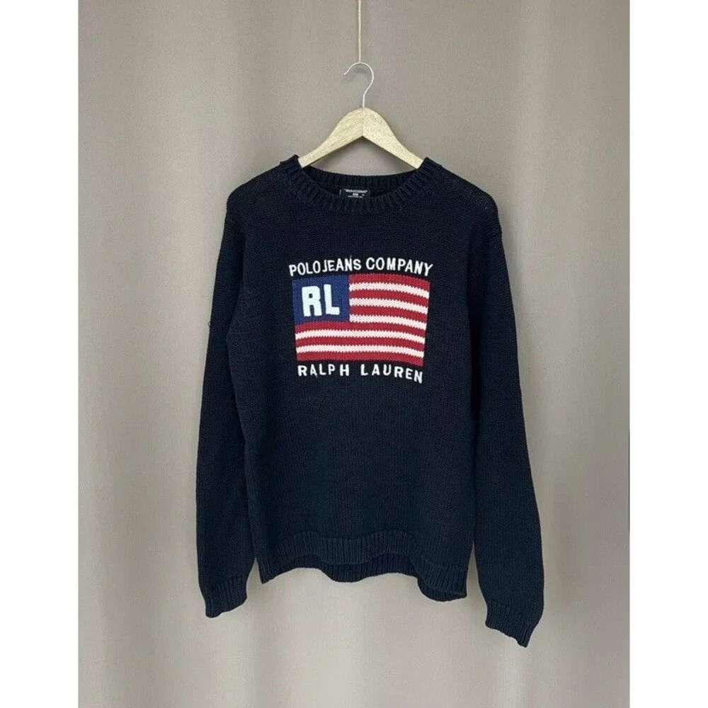 Polo Jeans Ralph Lauren USA Flag Knit Sweater Mens Size Medium American Jumper